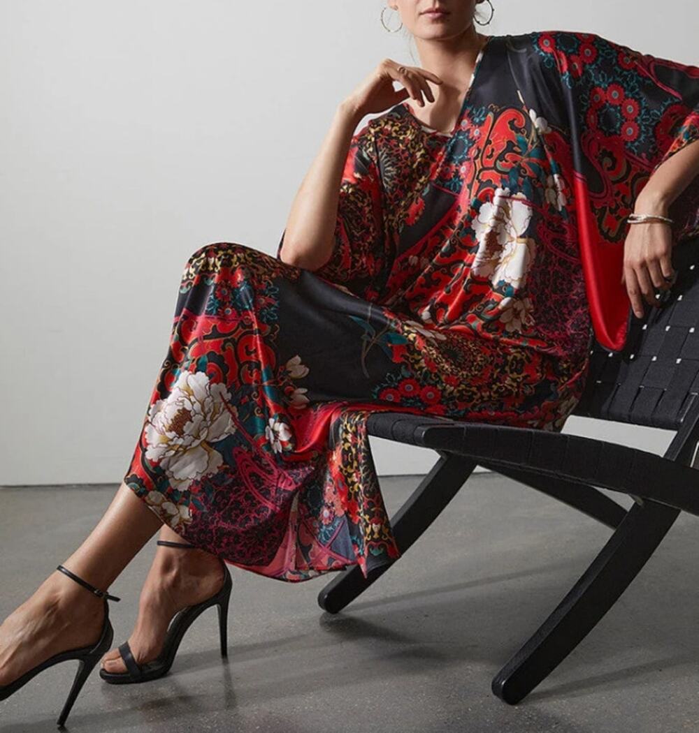 Womens Natori Imperial Lotus Caftan and Robe Set Black and Red Size XL EUC!
